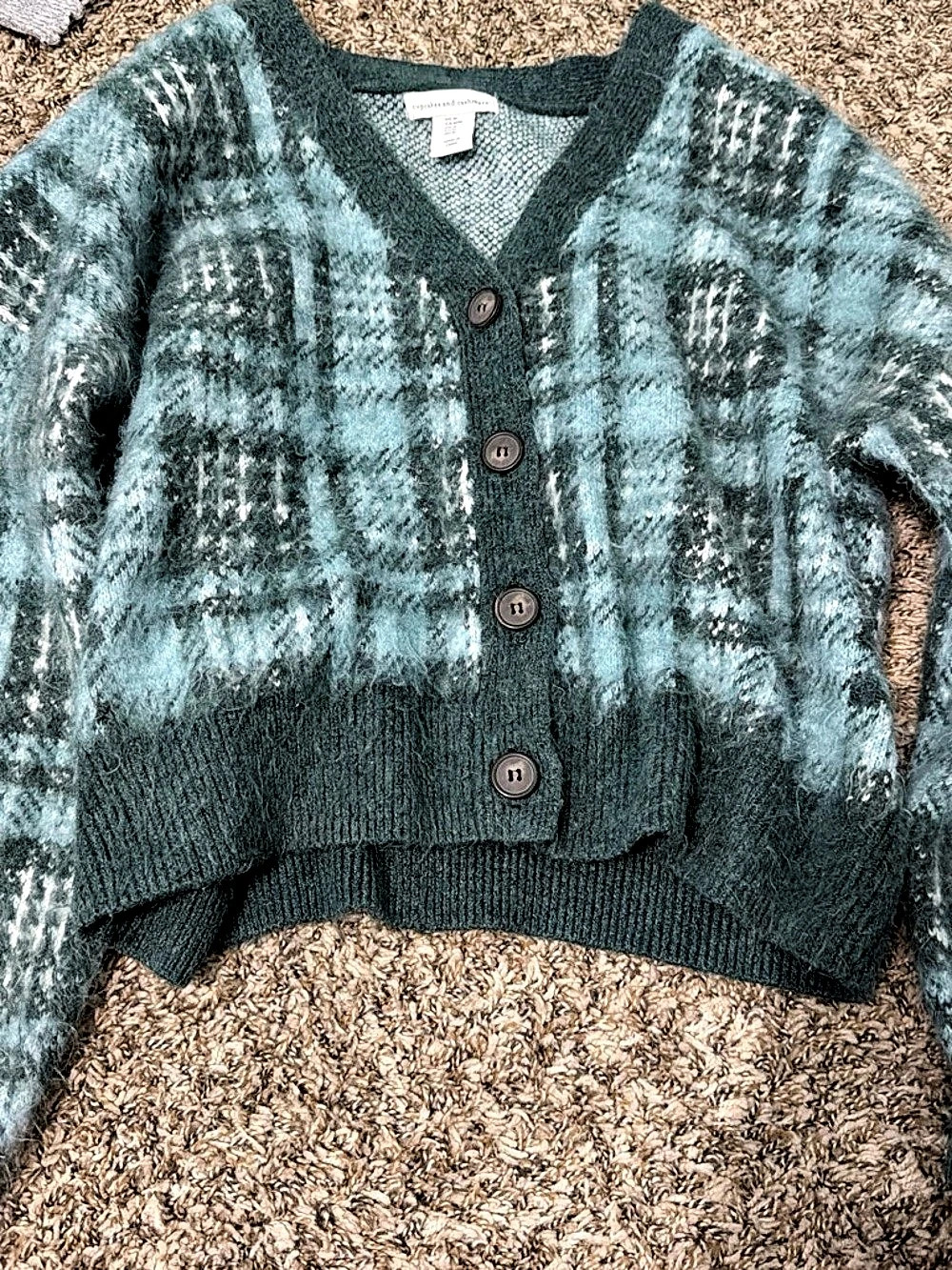 Plaid Cardigan in Green & Blue Like New